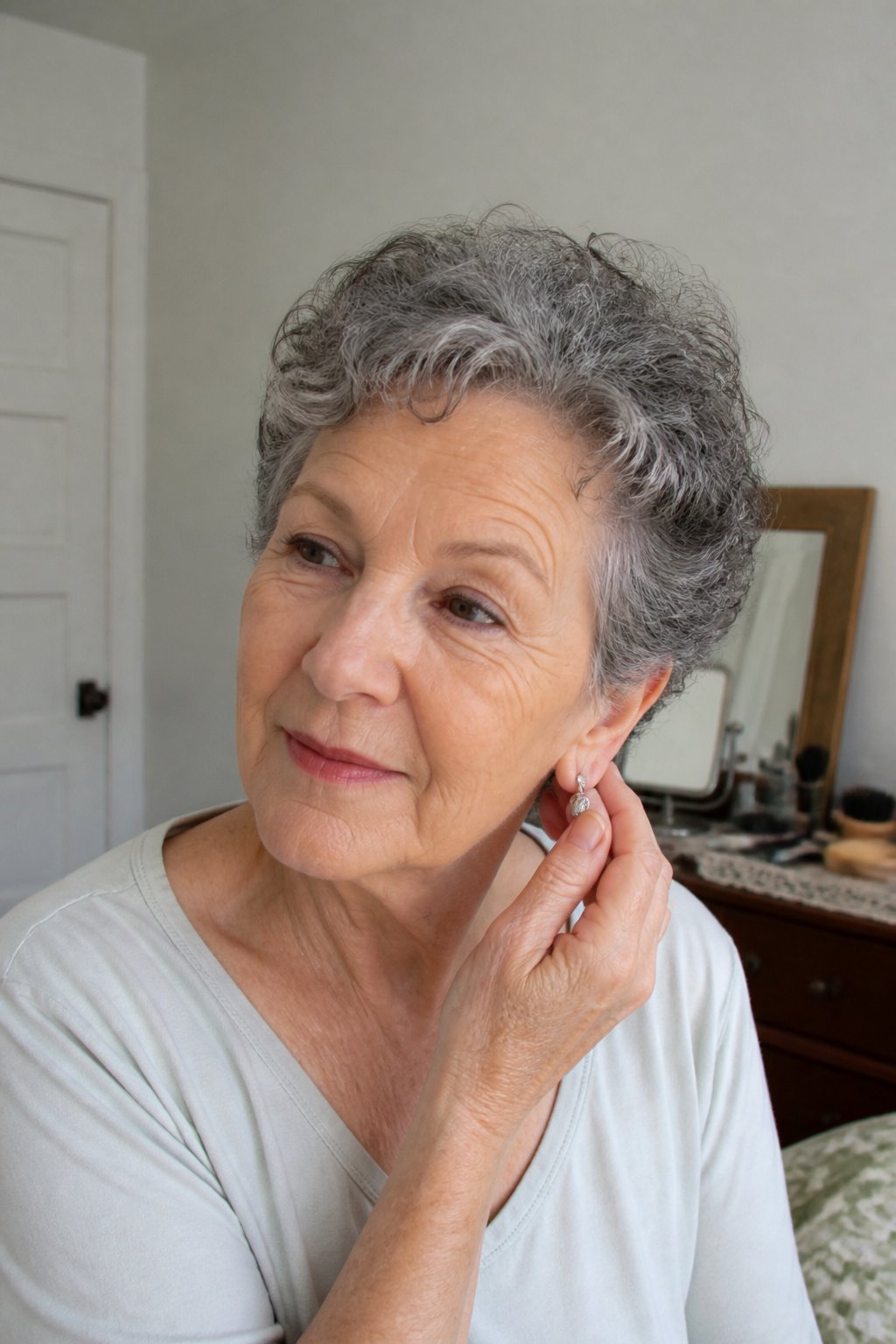 An older woman with short natural curly pixie hair stands near a mirror in a softly lit home.
