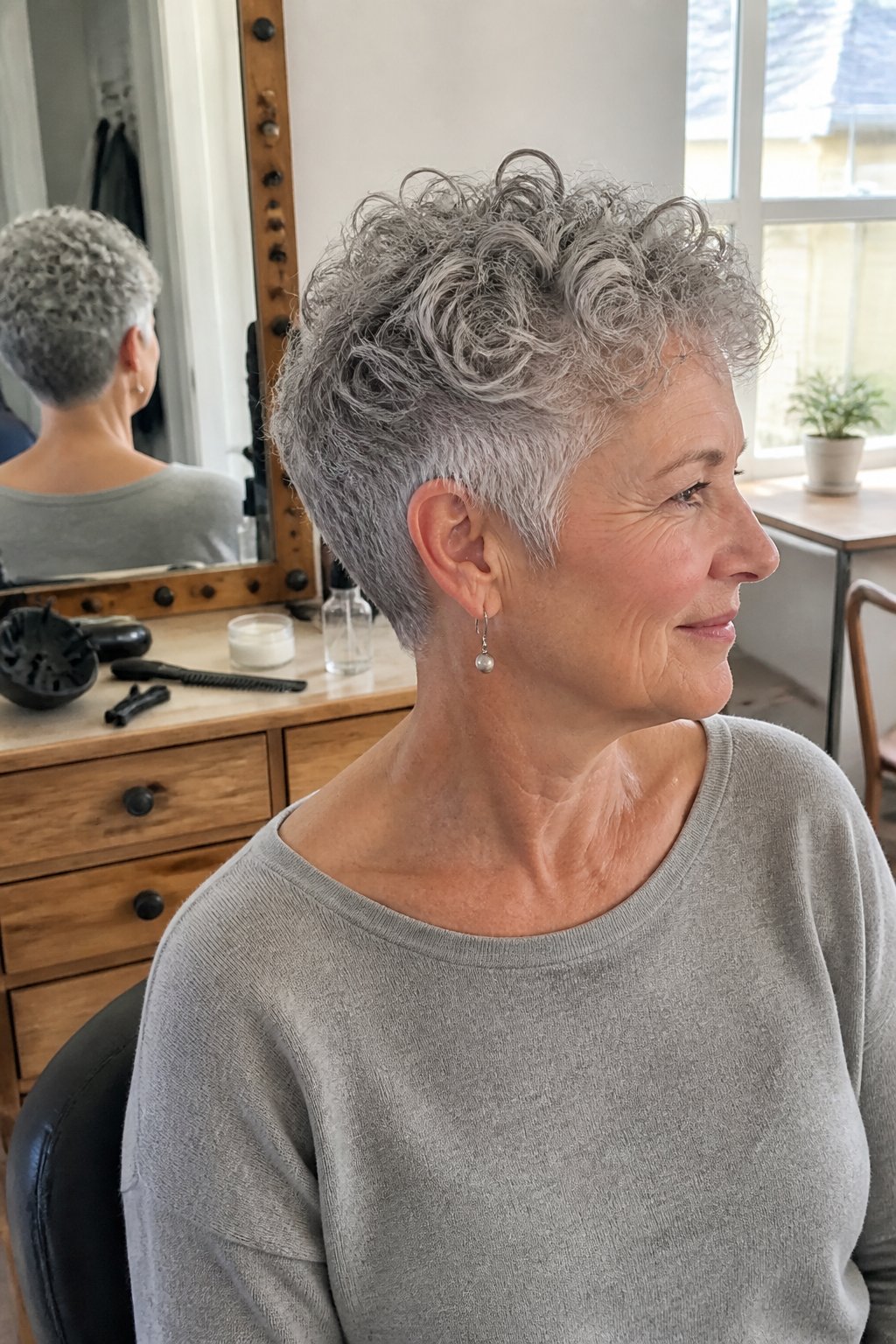 An older woman with short tapered gray curls sits in a naturally lit room beside everyday hair-styling tools.