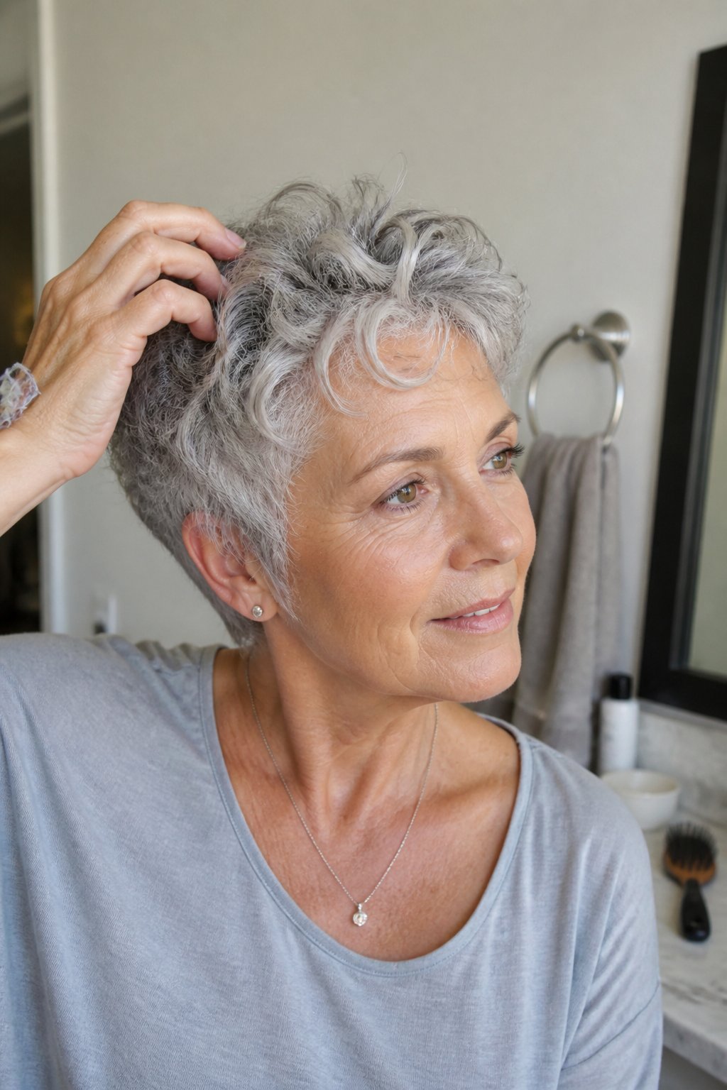 Older woman with a short layered silver pixie haircut and soft curls in a bright home setting.