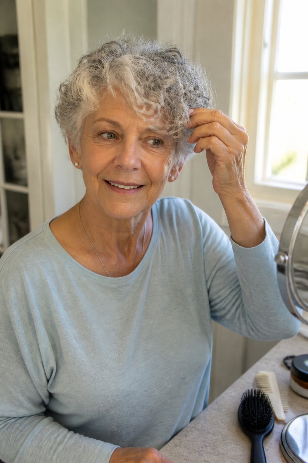 An older woman with short curly hair and side-swept bangs adjusts her hairstyle in a bright home setting.