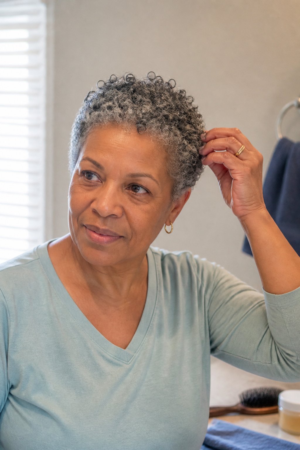 An older woman with short, tightly curled gray hair adjusts her pixie cut near a sunny window.