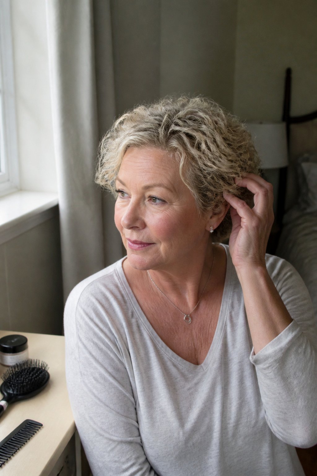 Older woman with a soft blonde curly pixie haircut adjusting a curl near a window.