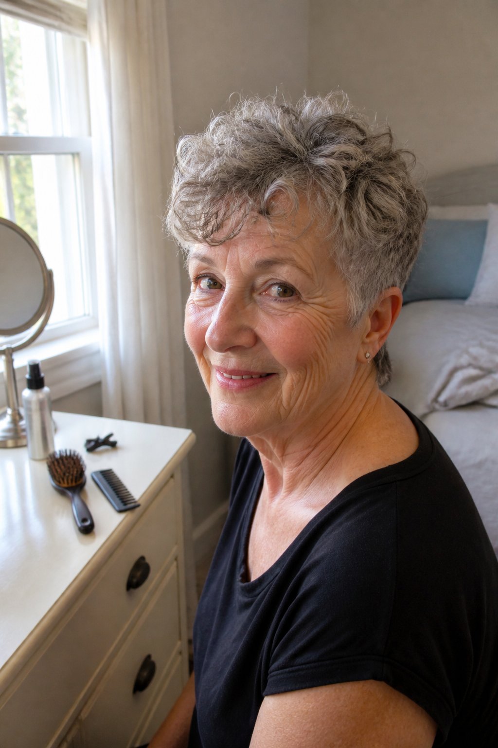 An older woman with short, softly curly pixie hair stands near a sunlit window in a home setting.