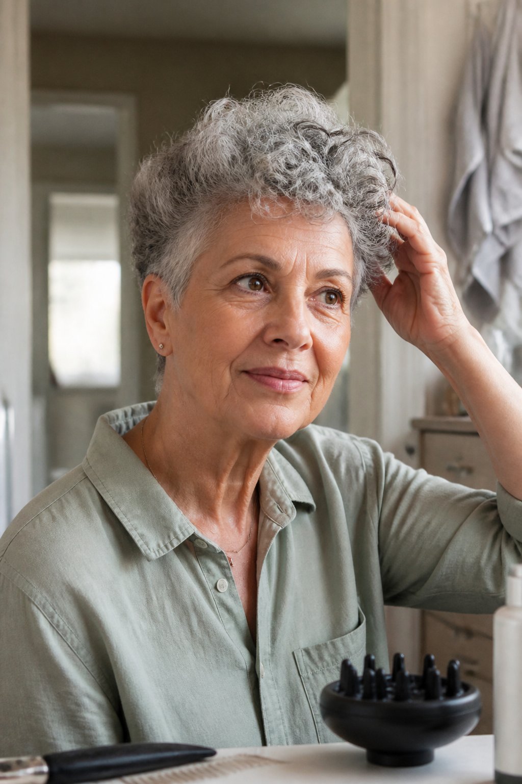 An older woman with salt-and-pepper curls wears a short pixie haircut with longer curls on top in a softly lit home setting.
