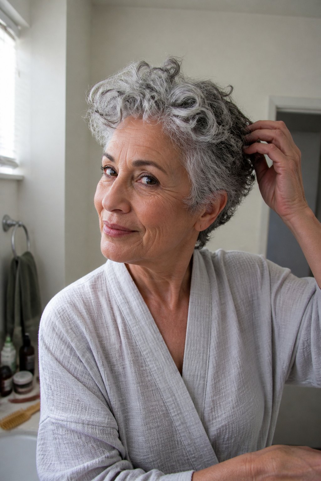Older woman with short salt-and-pepper curly pixie hair standing in a softly lit home setting.