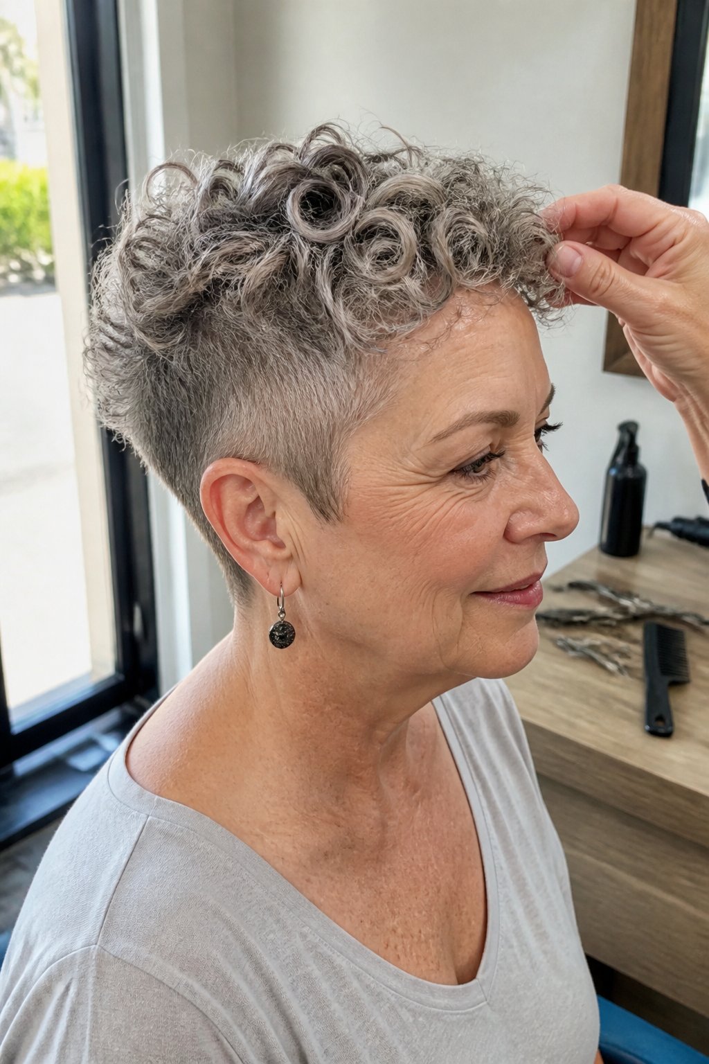 Older woman with a short curly pixie haircut and undercut, shown in a casual salon setting.
