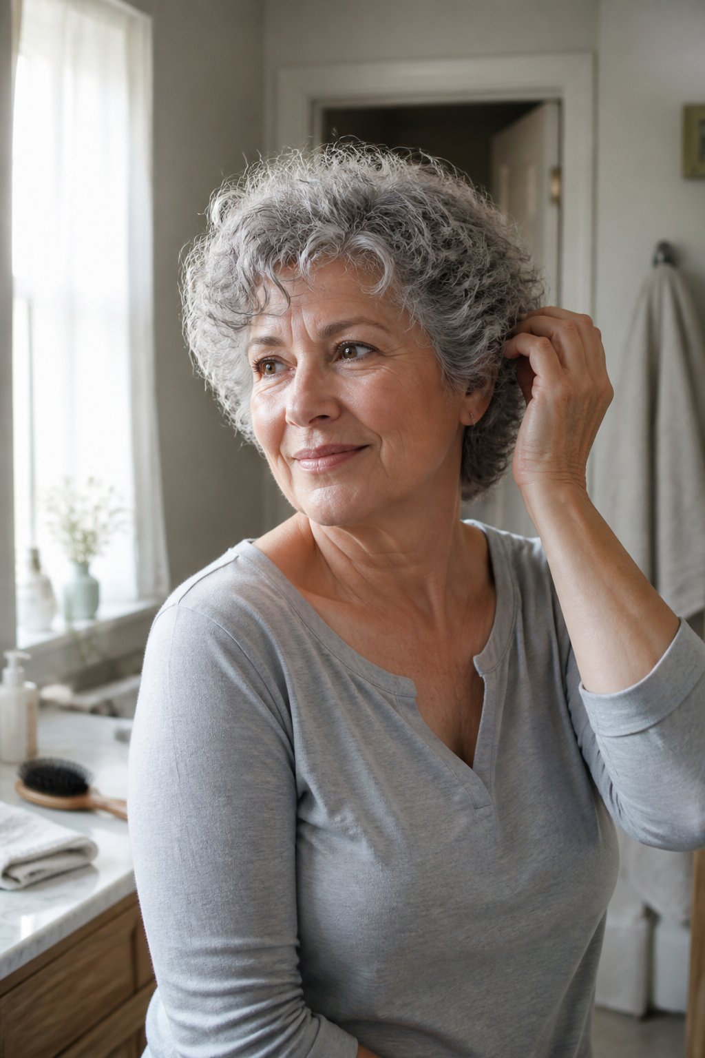 An older woman with short naturally curly gray hair adjusts her curls near a sunlit home window.