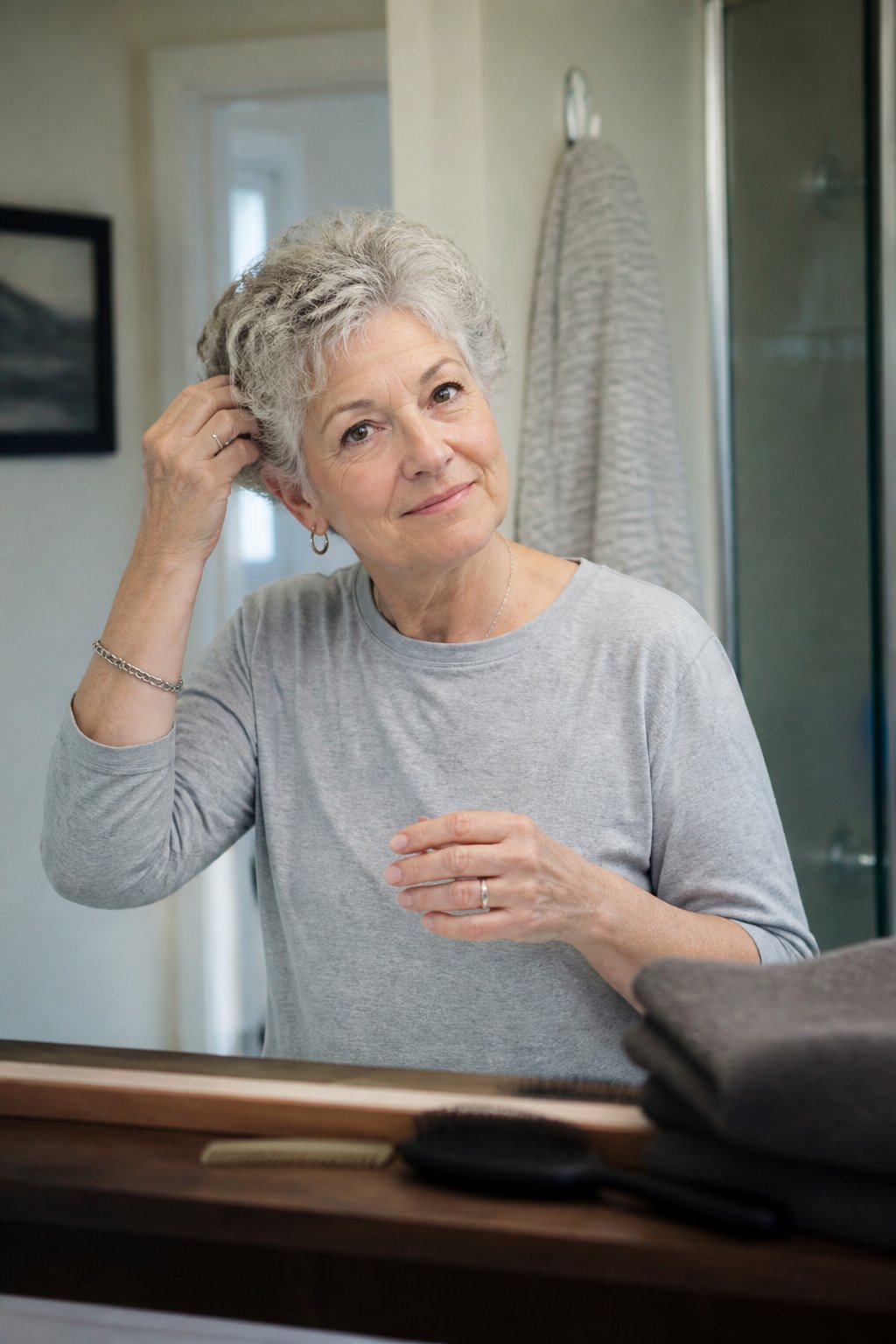 An older woman with short tousled curly gray hair adjusts her pixie cut in a softly lit home grooming area.