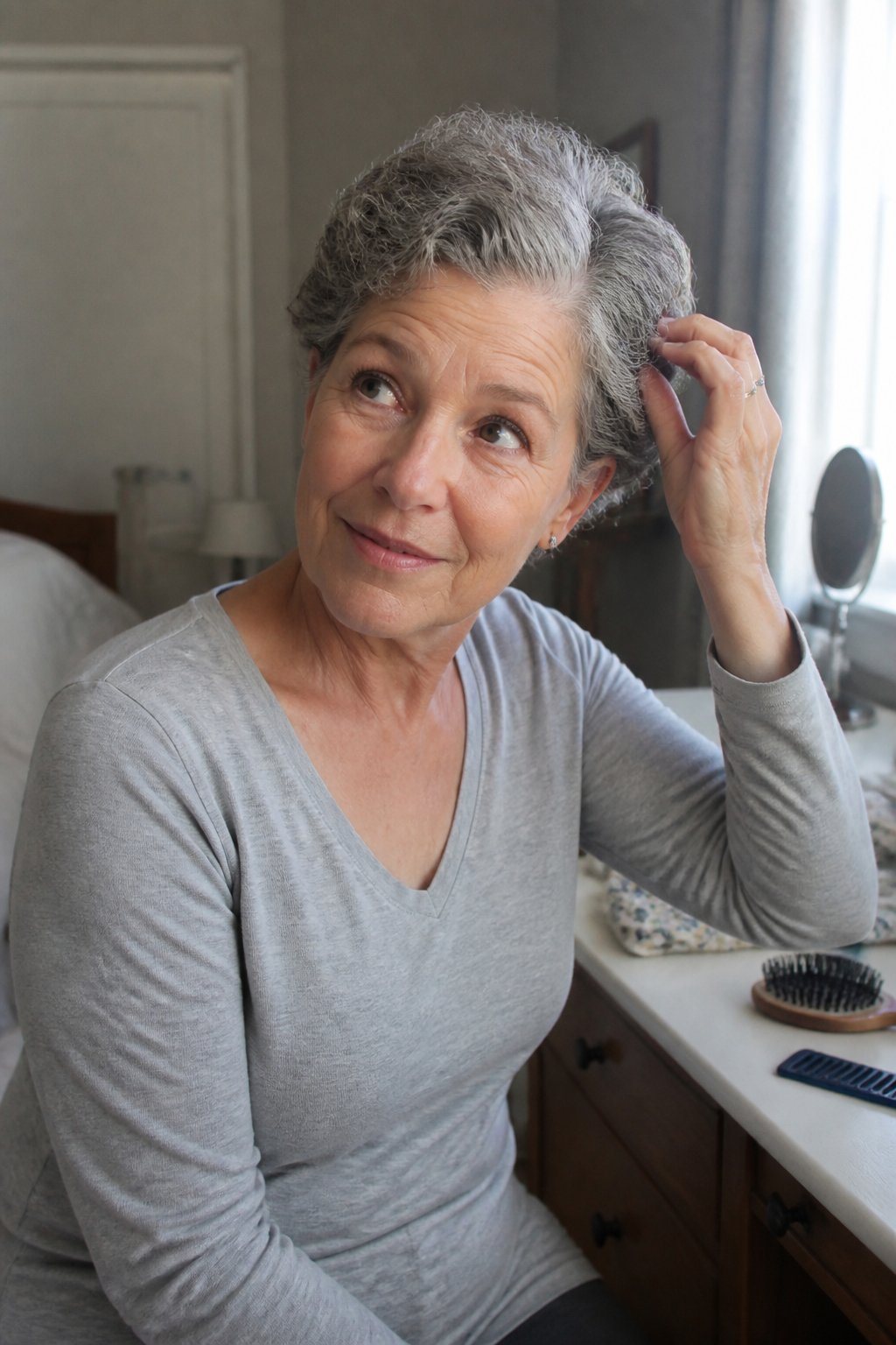 An older woman with a short side-parted curly pixie haircut stands near a window in a home setting.