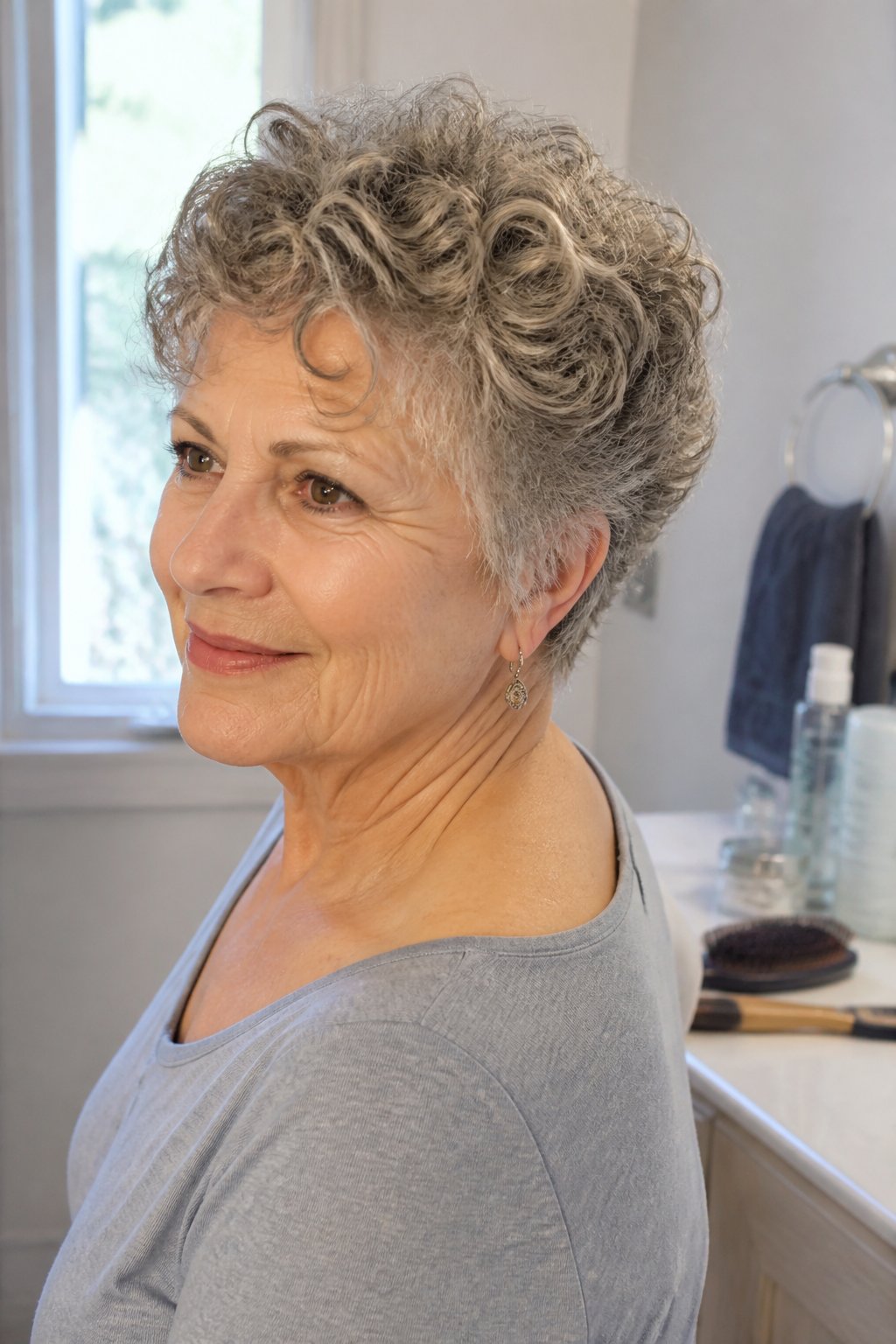 An older woman with a rounded curly pixie haircut sits in a bright home setting beside simple hair styling tools.