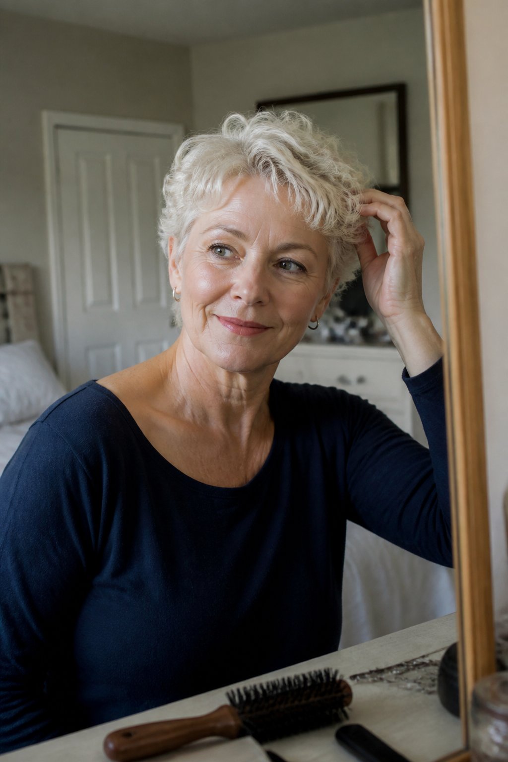 An older woman with short platinum blonde curls stands in a softly lit home dressing area.