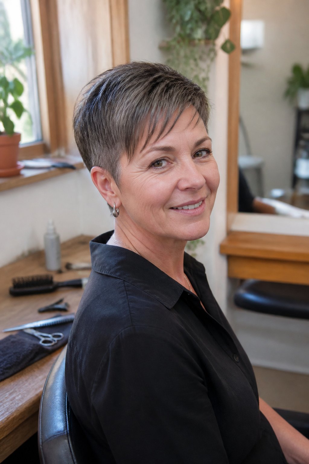A woman over 40 with a short pixie haircut sits in a softly lit salon beside everyday hair-styling tools.