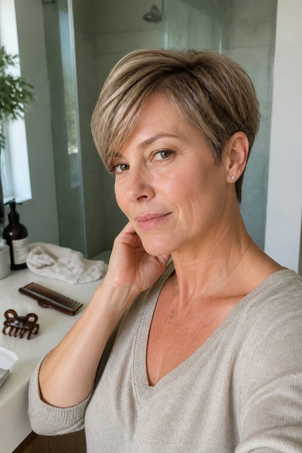 A woman over 40 with a tapered pixie haircut and side-swept fringe stands in soft daylight near a home mirror.