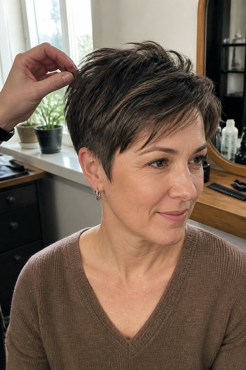 A woman over 40 with a textured, choppy pixie haircut sits in a naturally lit styling space.