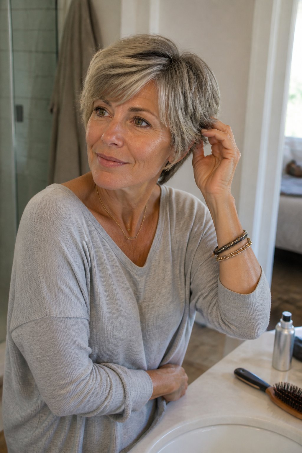 A woman over 40 with a long pixie haircut and feathered bangs stands near a window in a relaxed home setting.