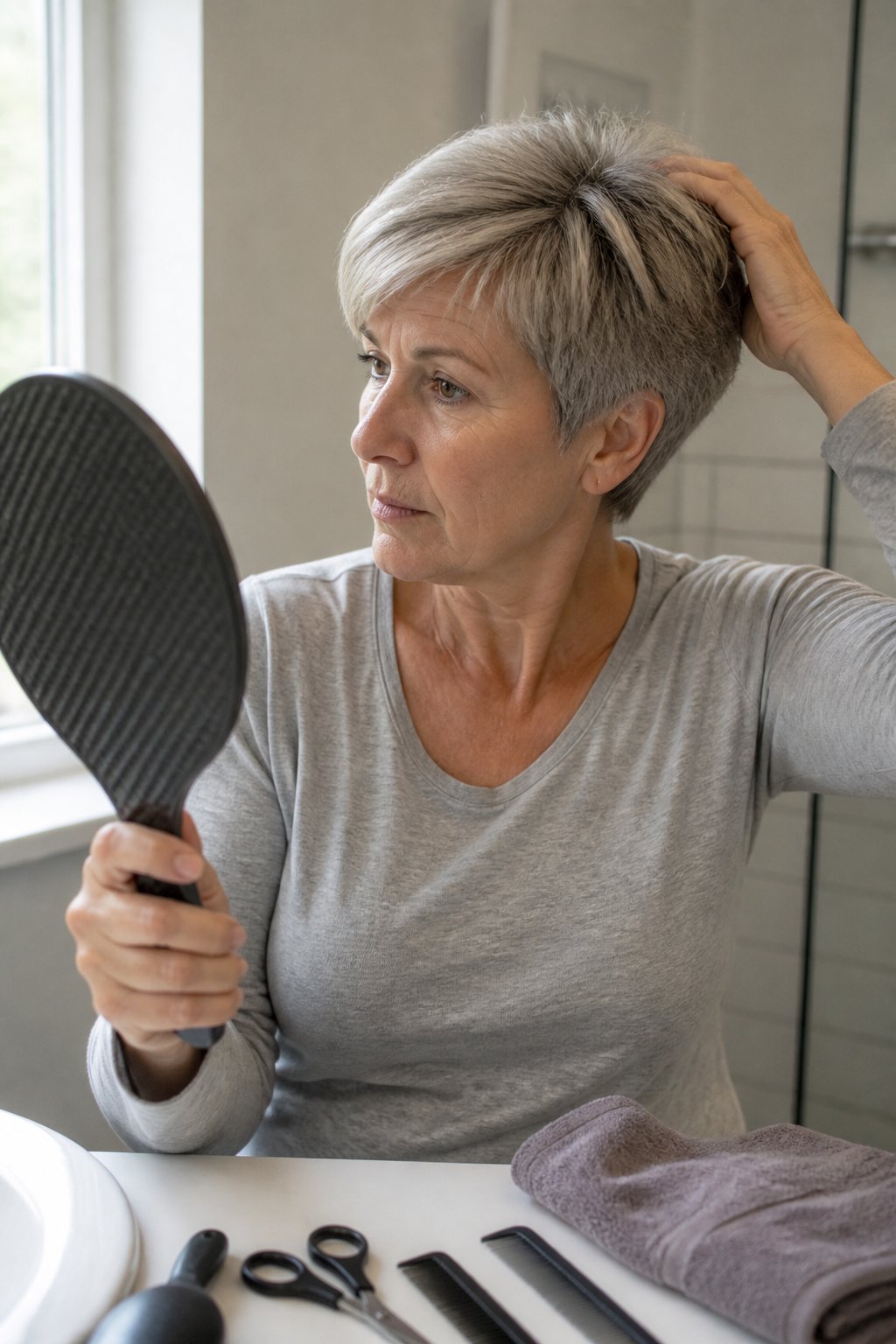 A mature woman with a softly layered pixie bob looks at her haircut in a handheld mirror beside a bathroom counter.