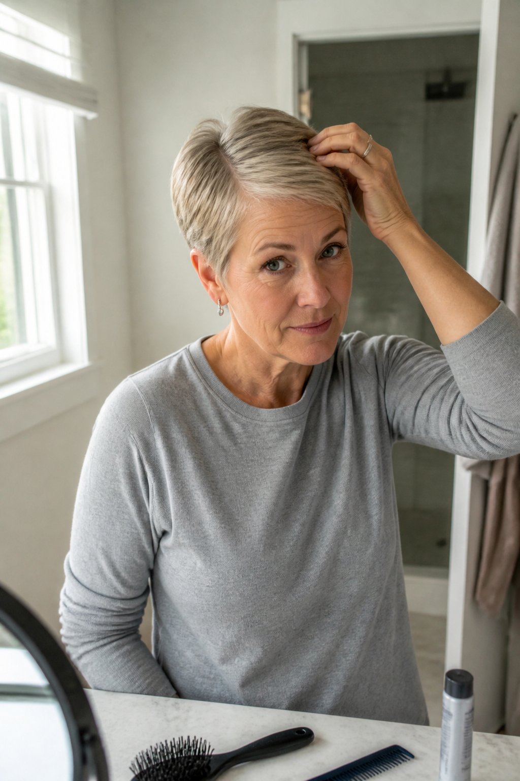 A woman with a sleek pixie haircut and deep side part adjusts her hair in a bright bathroom.