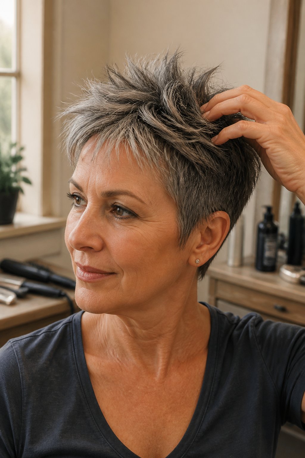 A mature woman with a short, spiky, textured pixie haircut sits in a softly lit salon or dressing area.