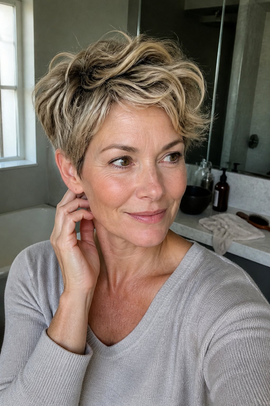 A woman over 40 with a short wavy pixie haircut stands beside a bright home vanity.