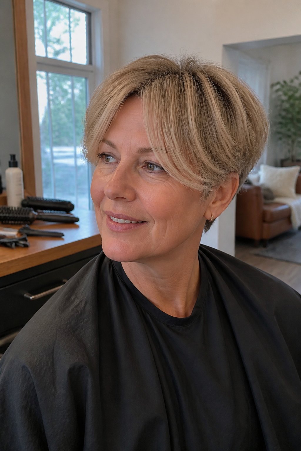 A woman with a textured pixie haircut and long curtain fringe sits in a naturally lit salon beside hairstyling tools.