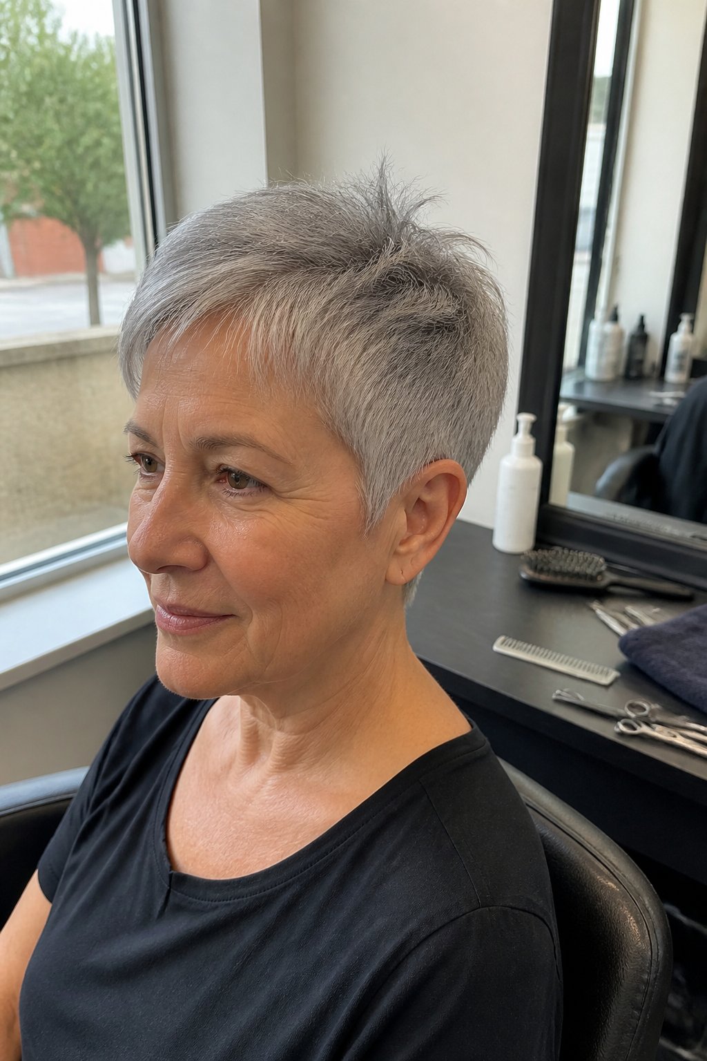 A mature woman with a short silver pixie haircut and tapered sides sits in a bright salon beside simple hair-styling tools.
