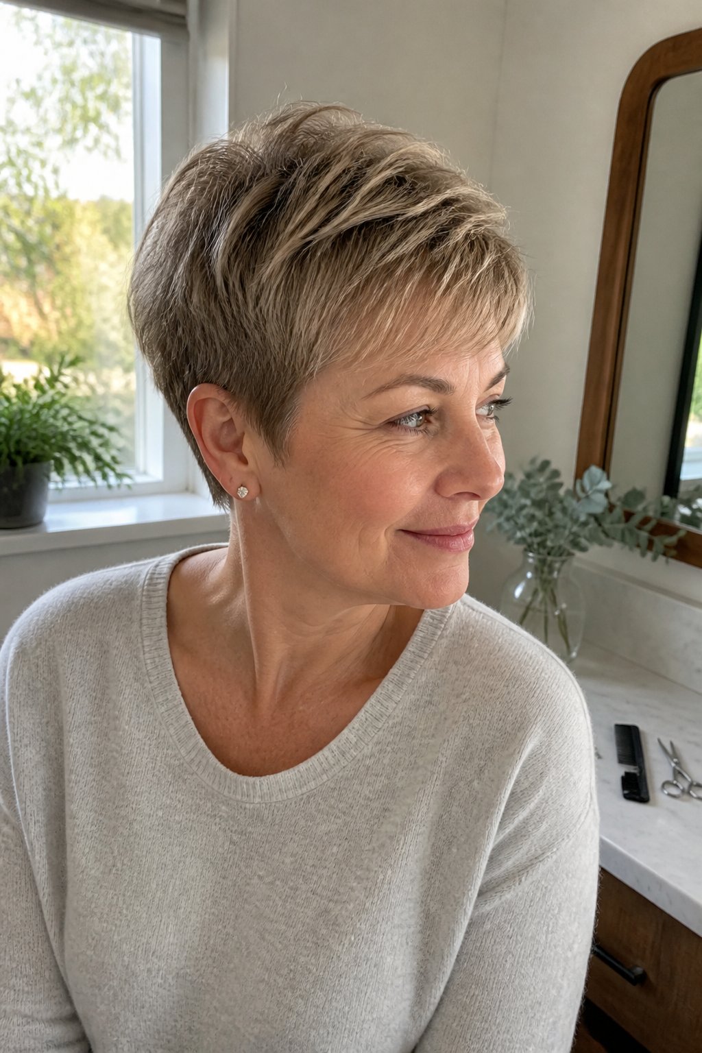 A woman with a layered pixie haircut stands near a bright window in a home dressing area.