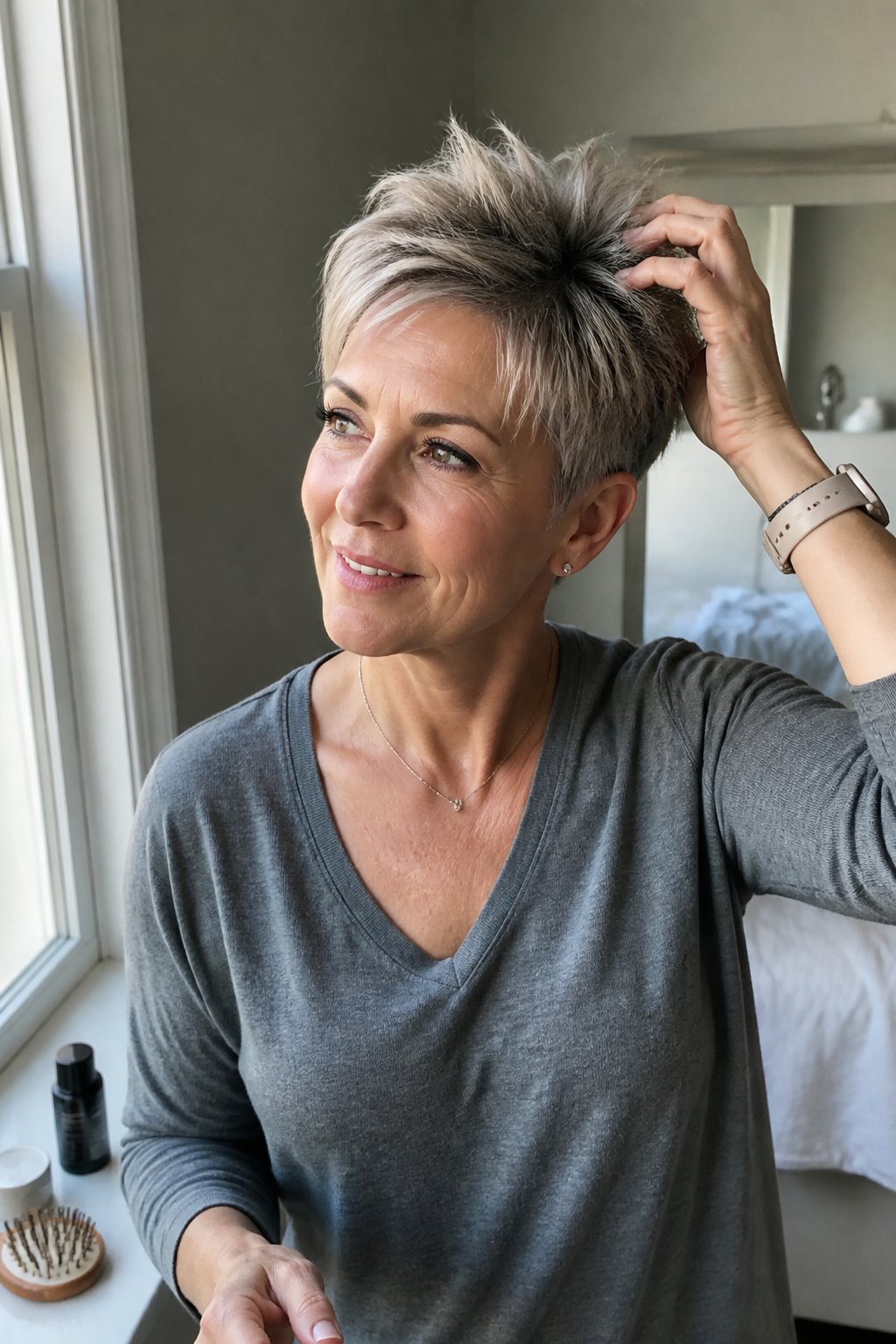 A woman with a short pixie haircut and lifted crown adjusts her hair near a bright window.
