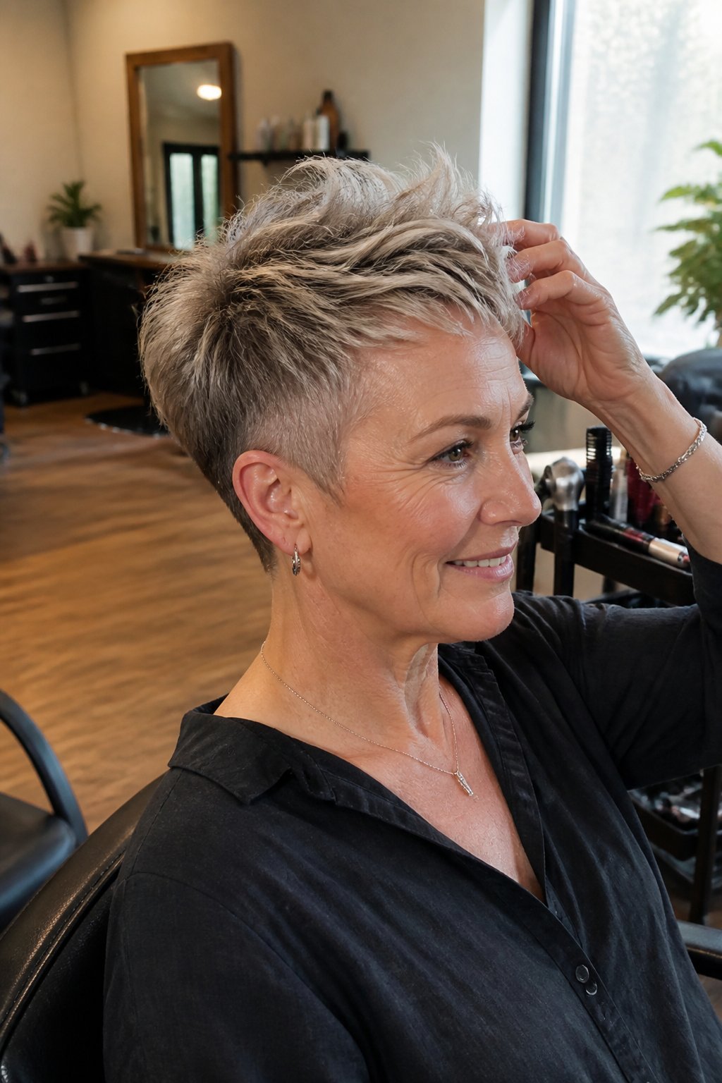 A woman with a textured undercut pixie haircut sits in a salon while a stylist adjusts her hair.