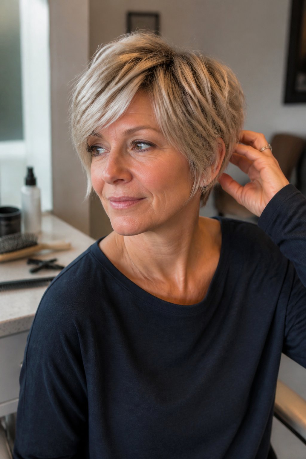 A woman over 40 with a textured Bixie-inspired pixie haircut featuring cheekbone-length layers in a softly lit everyday setting.