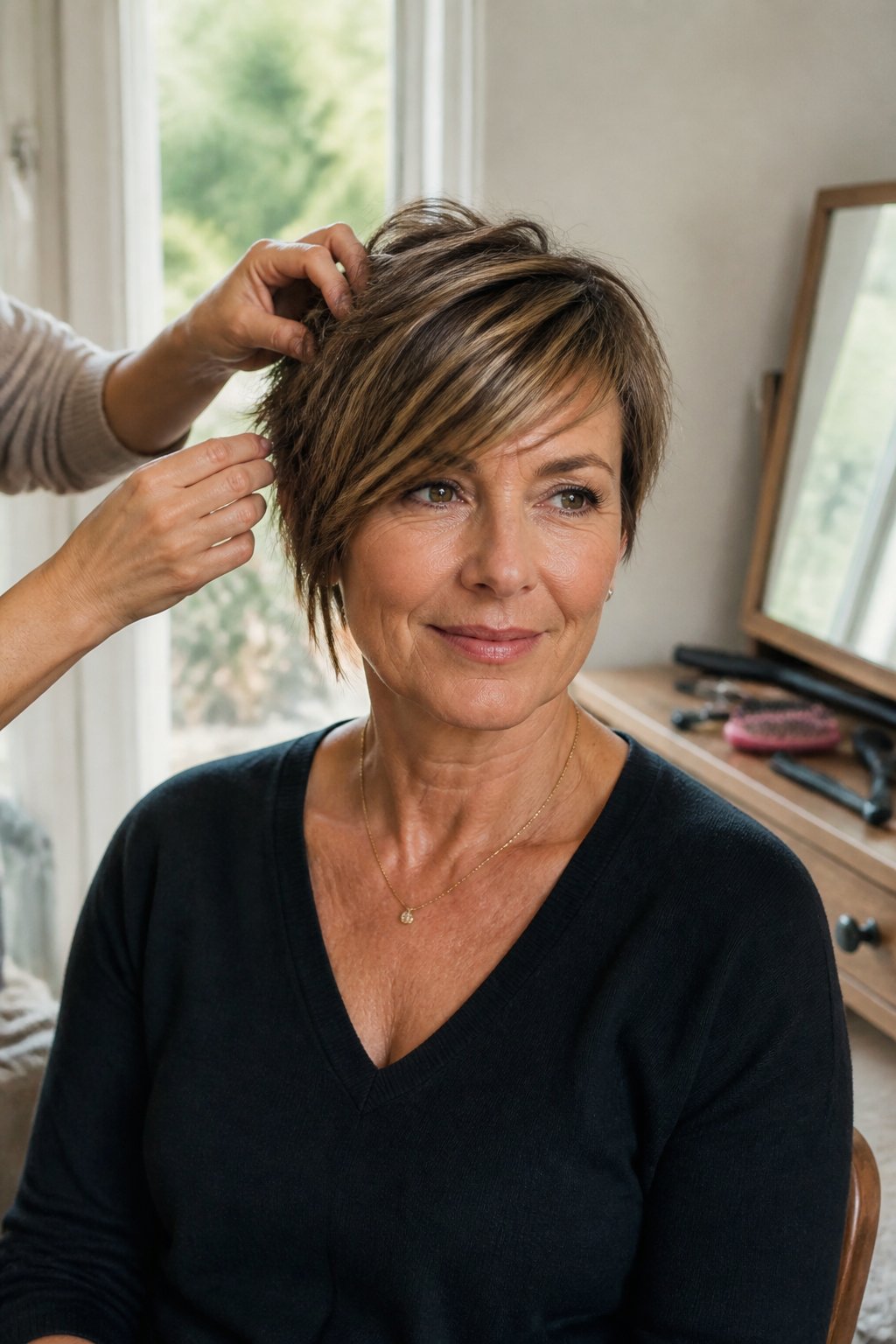A woman over 40 with a modern asymmetrical haircut sits near a window while her hair is being adjusted.