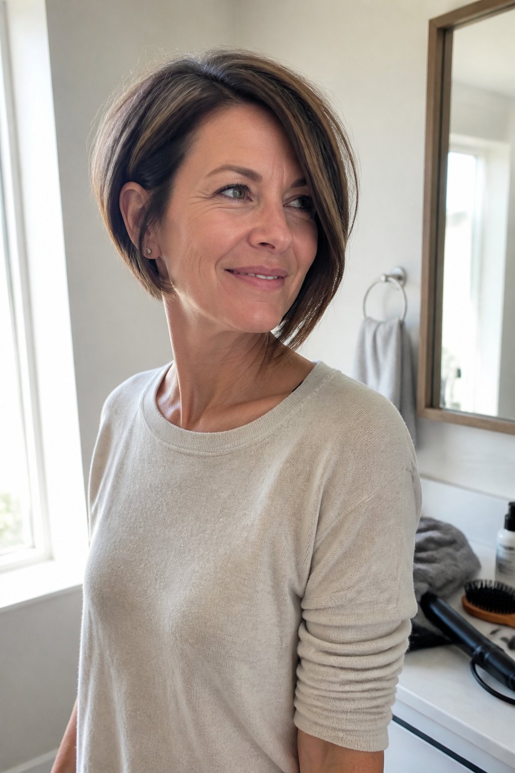 A woman with an angled chin-length bob and deep side part stands near a softly lit window.