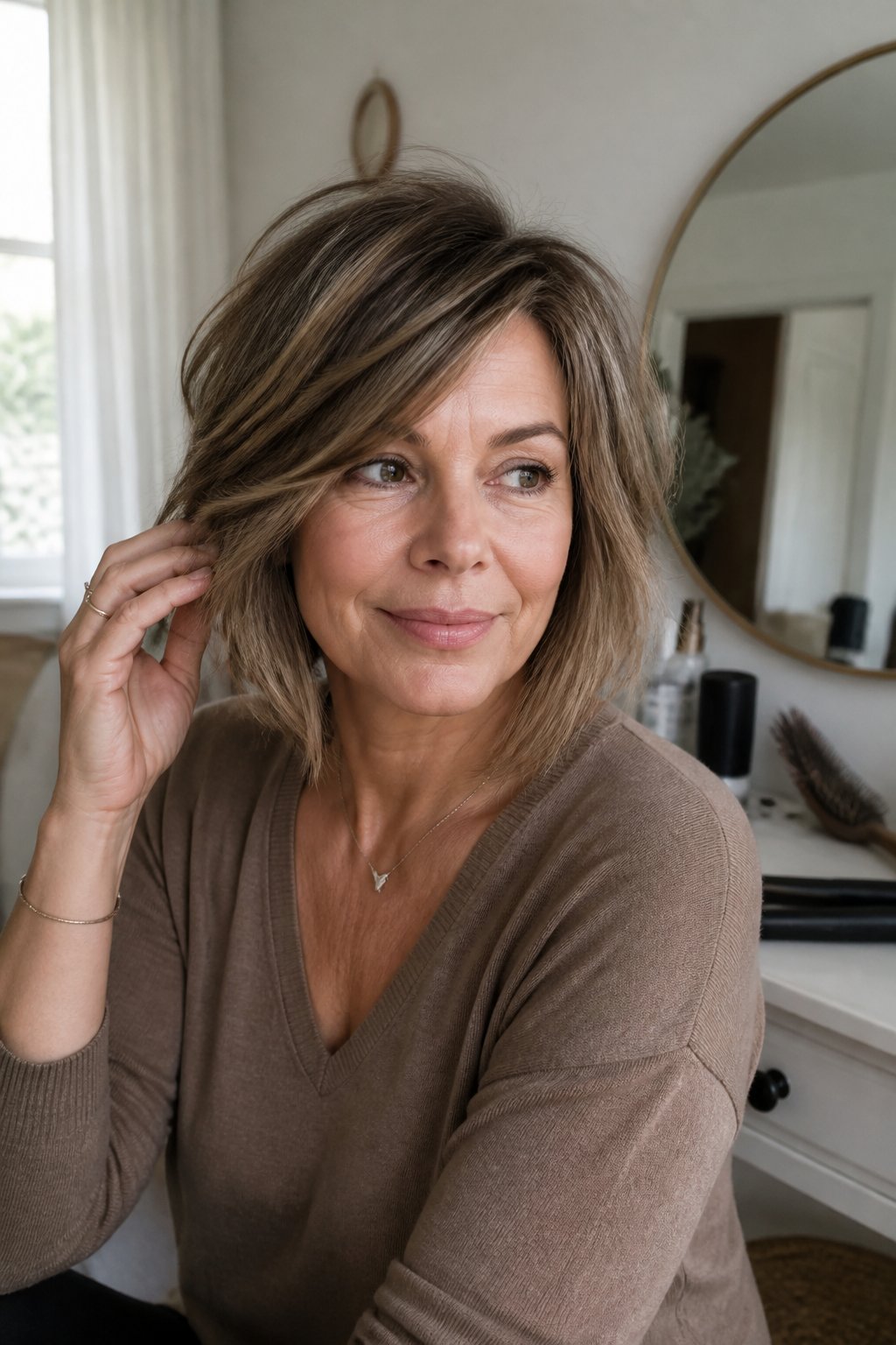 A woman over 40 with an asymmetrical layered bob and side-swept bangs stands in a softly lit room.