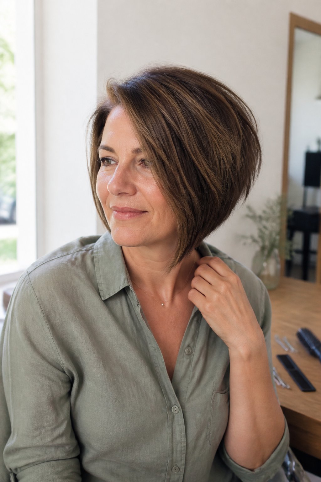 A woman with a longer-front graduated inverted bob hairstyle stands near a window in a relaxed indoor setting.