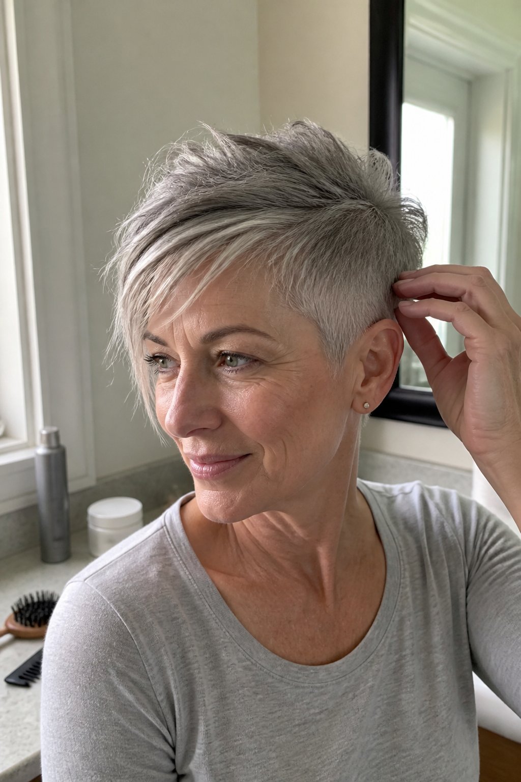 A woman with a textured asymmetrical pixie haircut and tapered side stands near a bathroom window.
