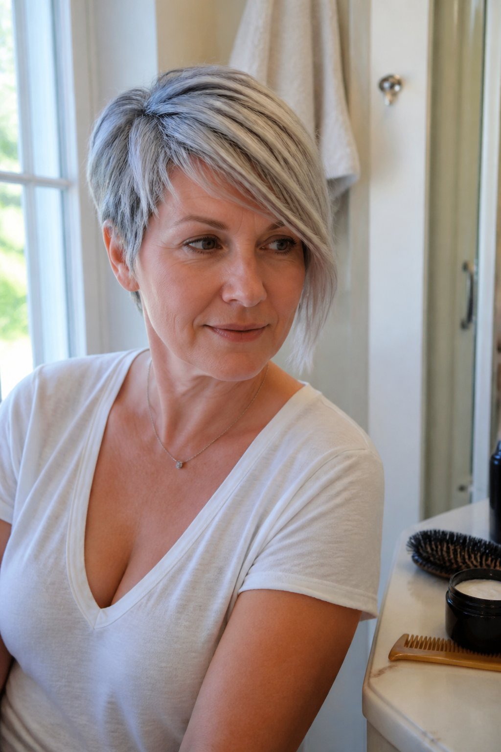 A woman over 40 with a short asymmetrical pixie haircut and a long side fringe stands near a bright window.
