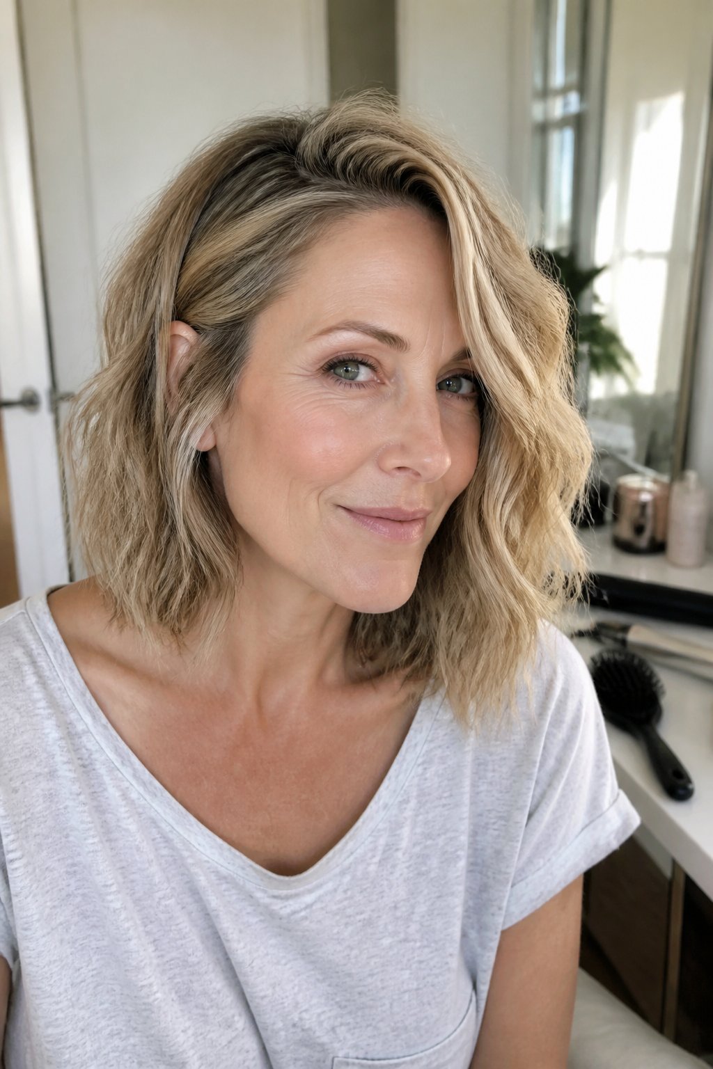 A woman over 40 with an asymmetrical long bob and soft beach waves stands in a bright, casual interior.