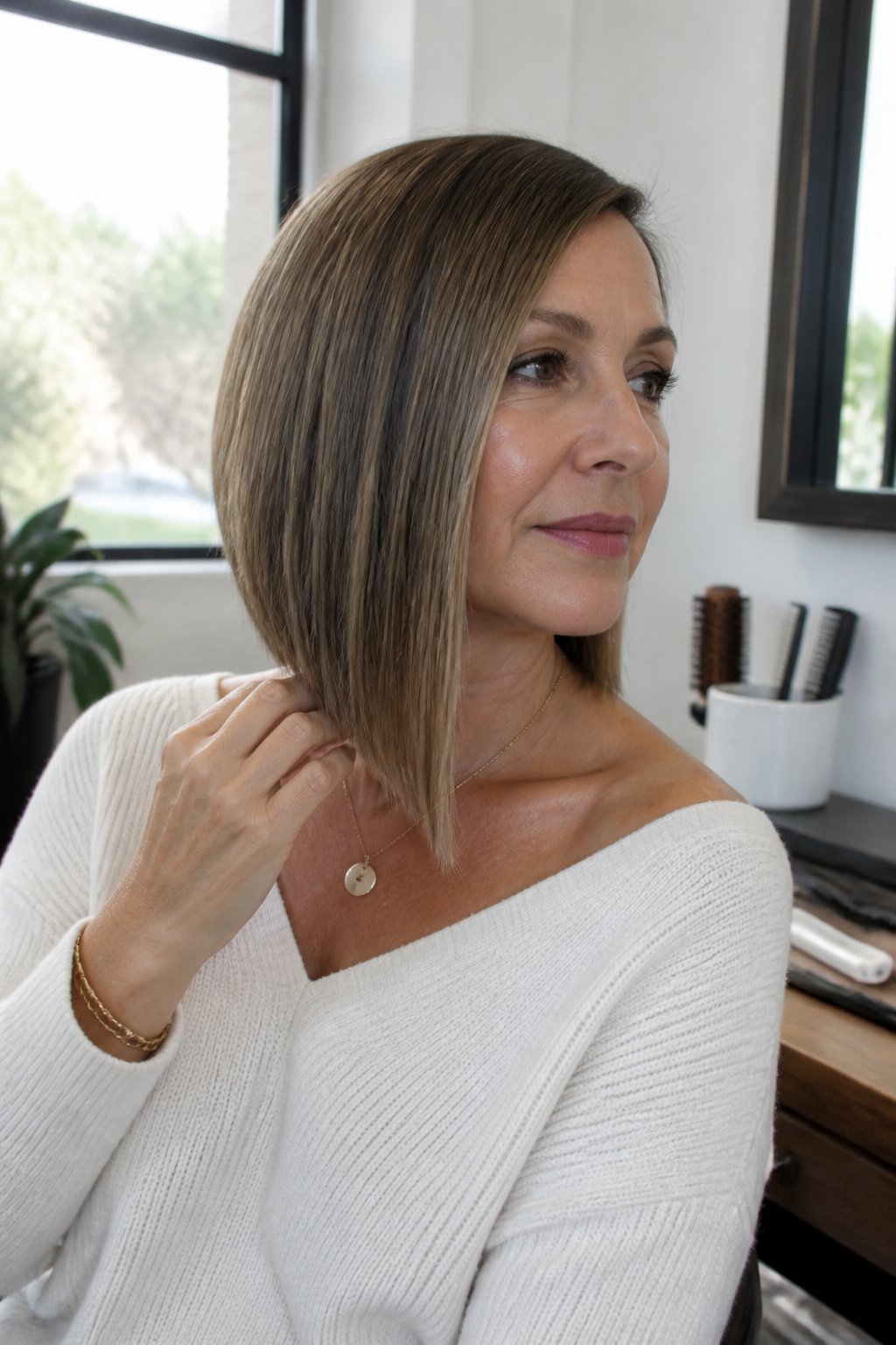 A woman with a sleek asymmetrical angled lob haircut stands in a softly lit styling space.