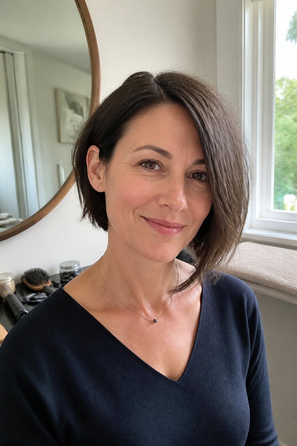 Woman with a chin-length asymmetrical bob tucked behind one ear, standing in a softly lit home.