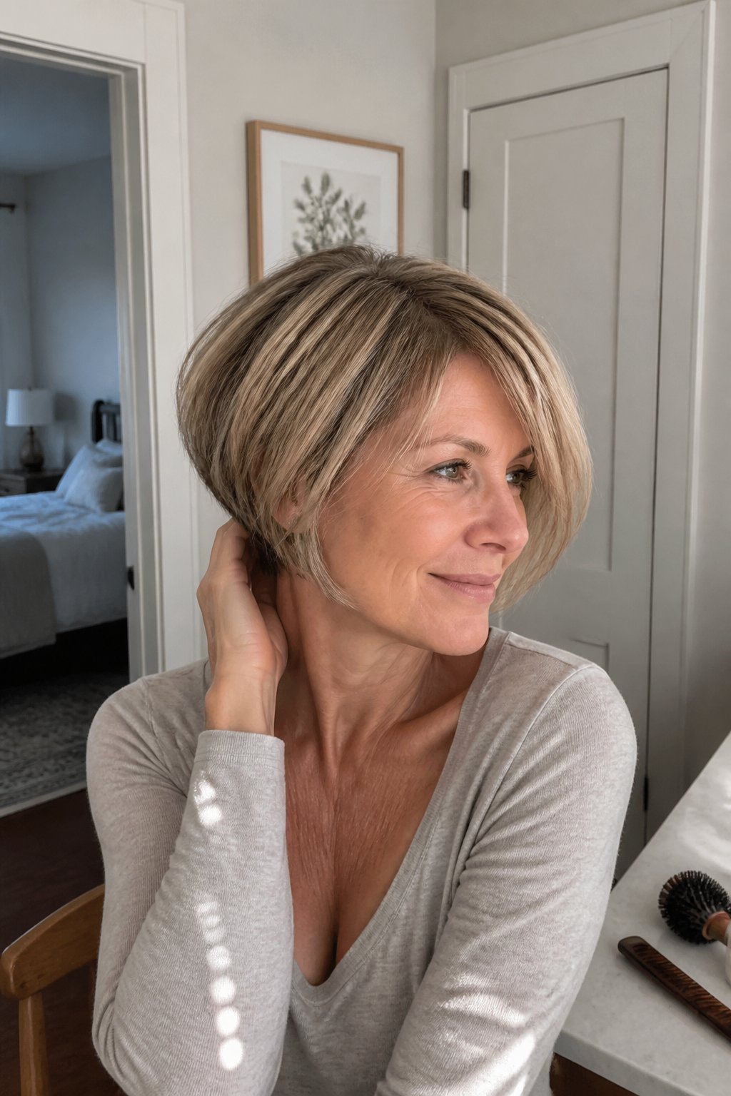 A woman over 40 with a short stacked asymmetrical bob stands near a window in a home.