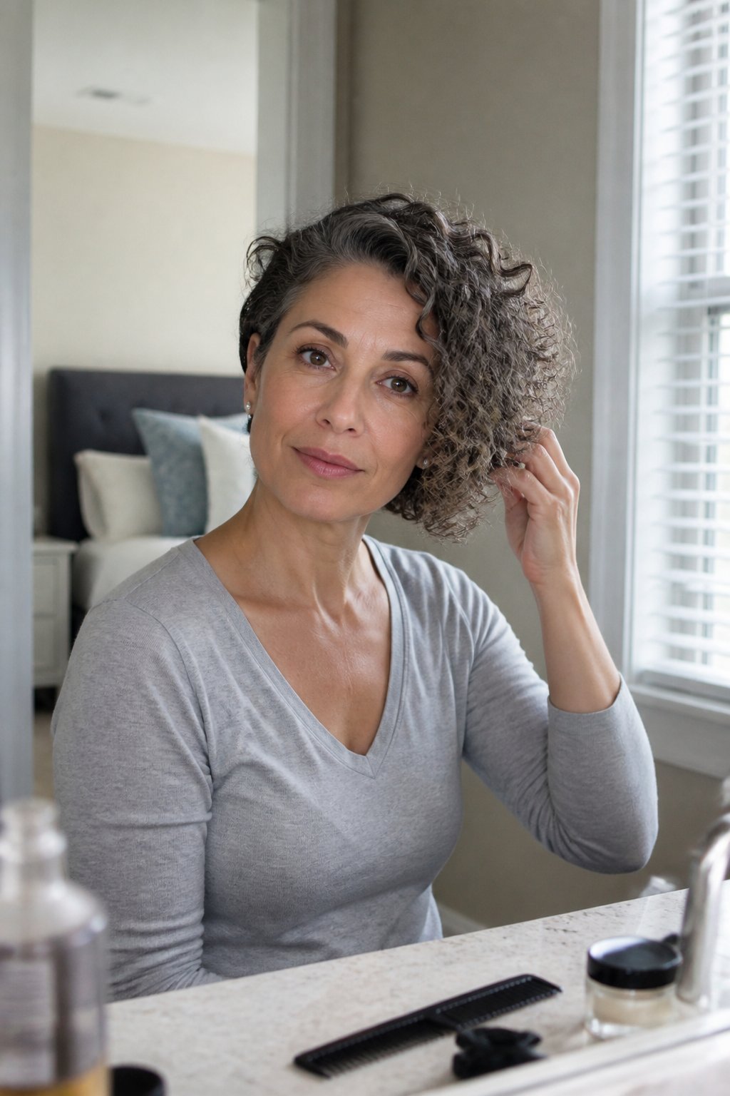 A woman with a curly asymmetrical bob and layered curls stands in a softly lit room.