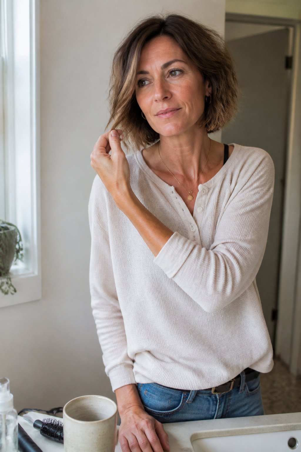 A woman with a wavy asymmetrical bob and face-framing pieces adjusts her hair near a sunlit window.
