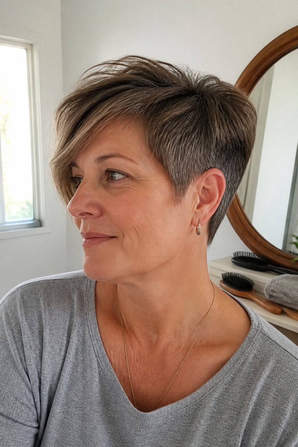 A mature woman with a side-swept asymmetrical crop haircut and tapered sides stands near a window in a home interior.
