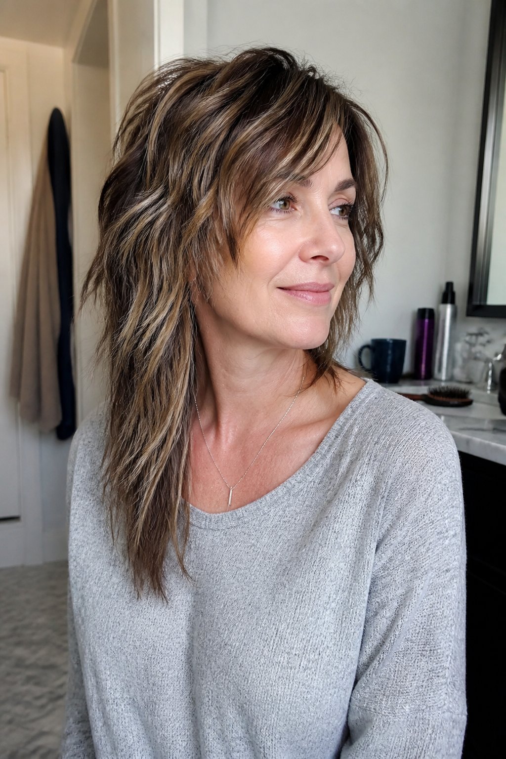 A woman over 40 with an asymmetrical shag haircut and feathered layers stands indoors near a window.