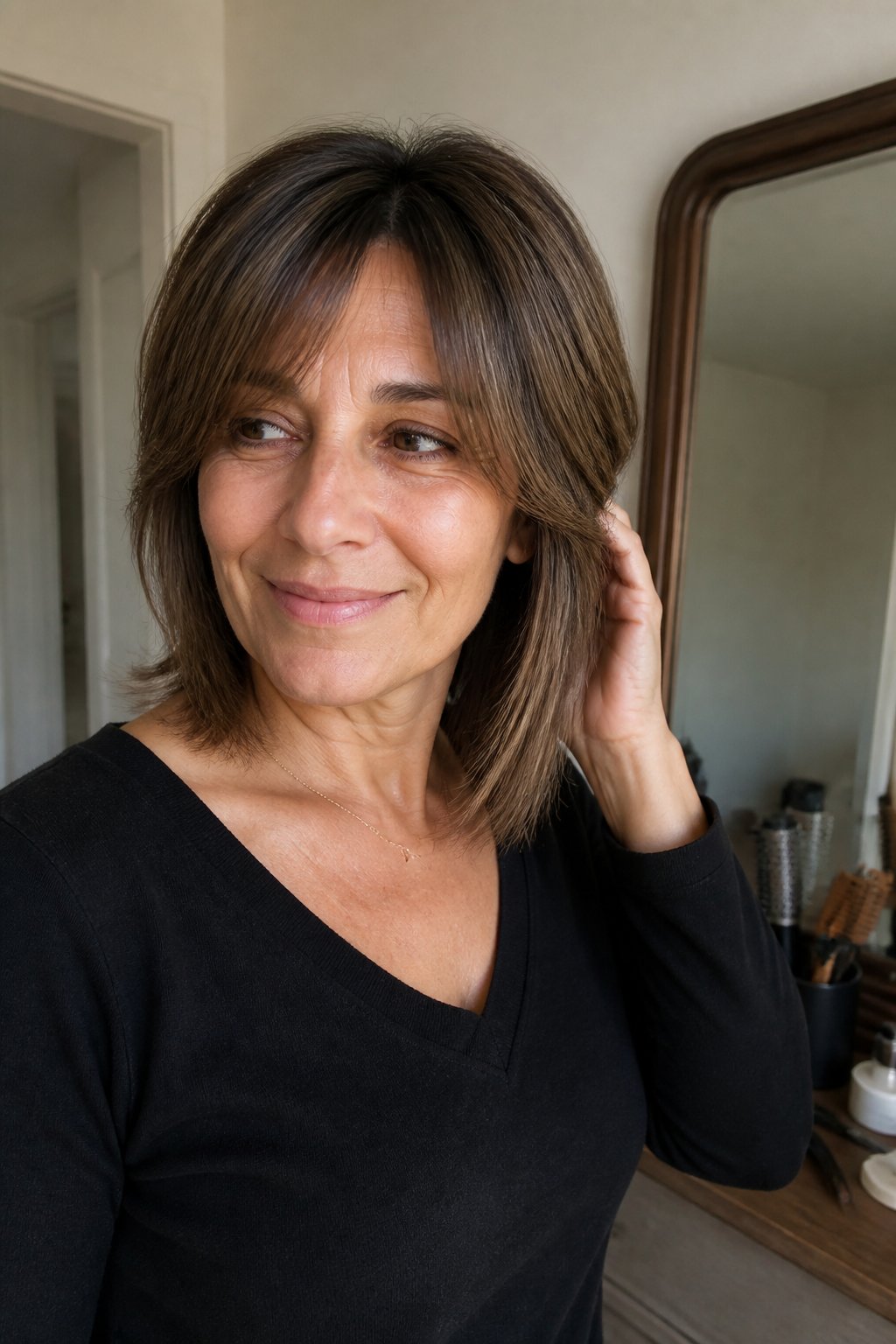 A woman over 40 with shoulder-length asymmetrical hair and curtain bangs stands near a window in a relaxed home setting.