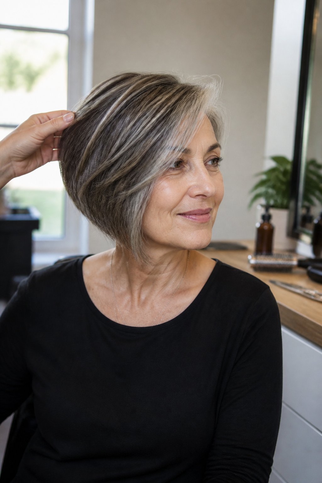A mature woman with an asymmetrical bob haircut and silver-gray highlights sits in a bright styling space.