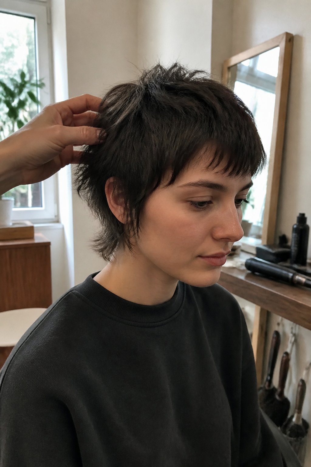 A person with a short textured pixie wolf cut sits in a casual hair-styling space while a stylist adjusts the layered hair.