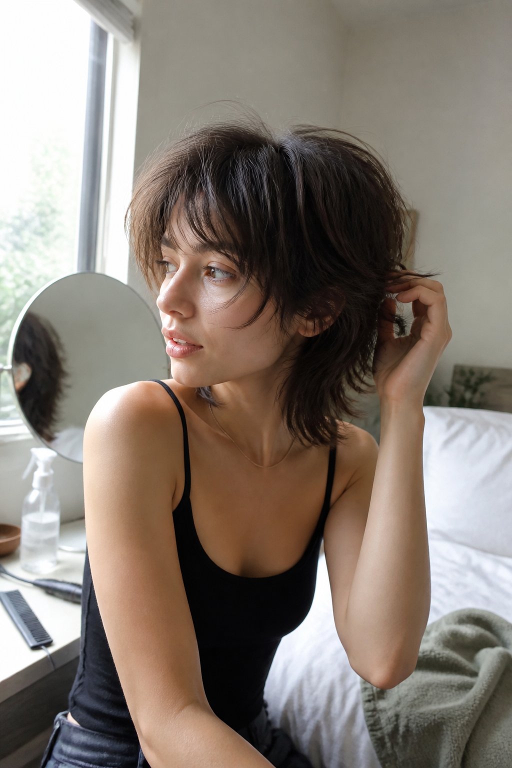 Person with a tousled short wolf cut adjusting their layered hair in a bright home setting.