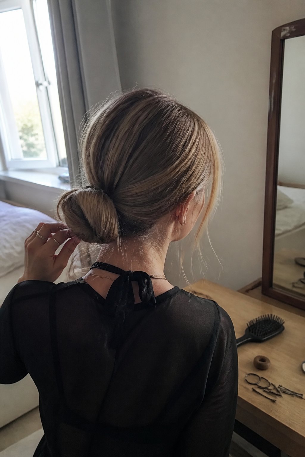 A person adjusts a messy low bun in a casual bedroom while hair tools and pins sit nearby.
