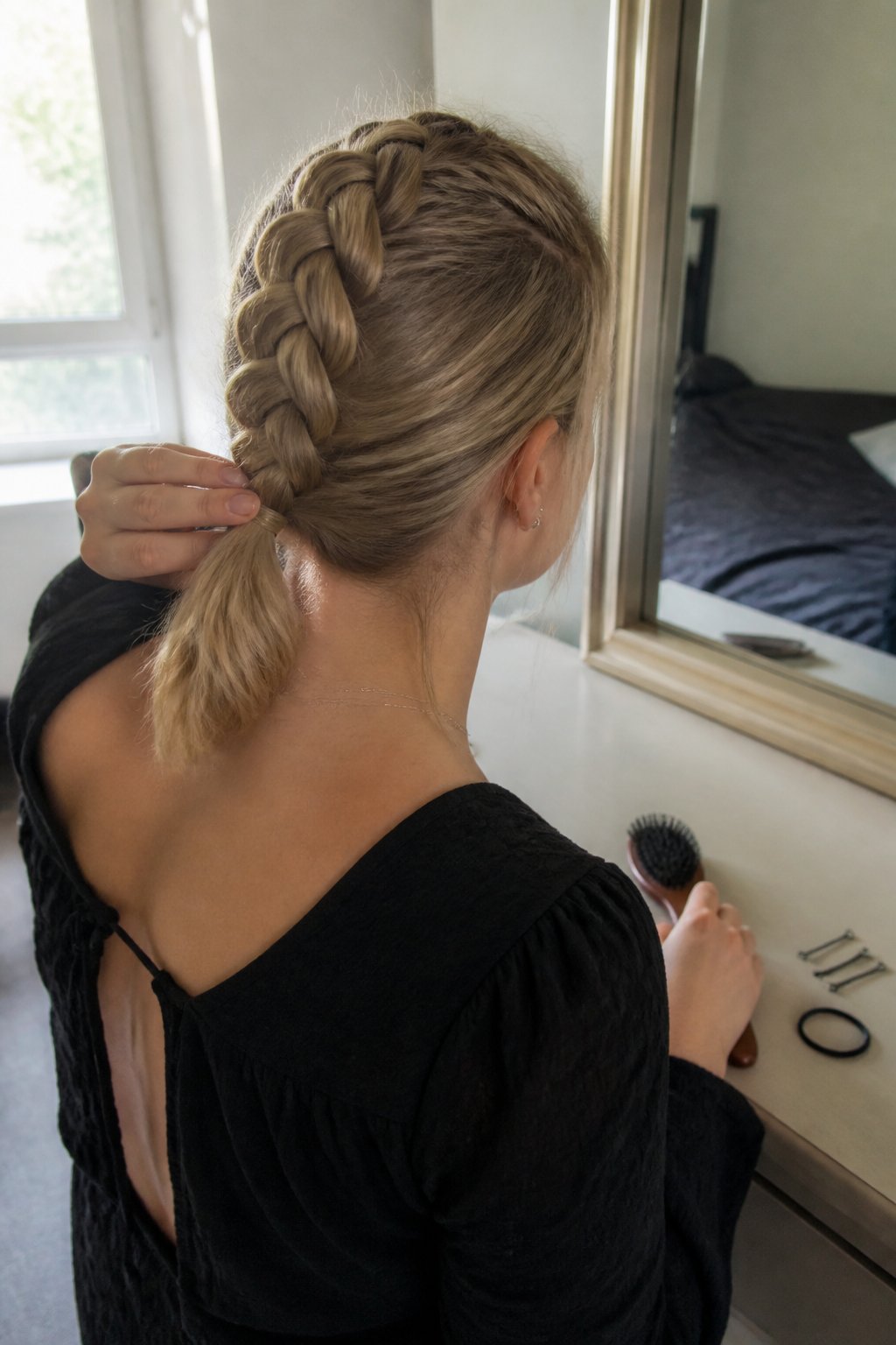 A person adjusts a Dutch braid that ends in a low ponytail while getting ready near a mirror.