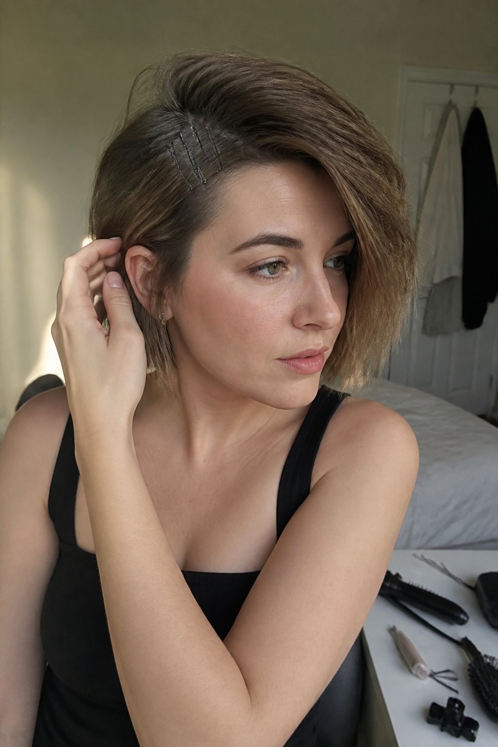 Person wearing a voluminous side-swept bob secured with bobby pins near the temple.